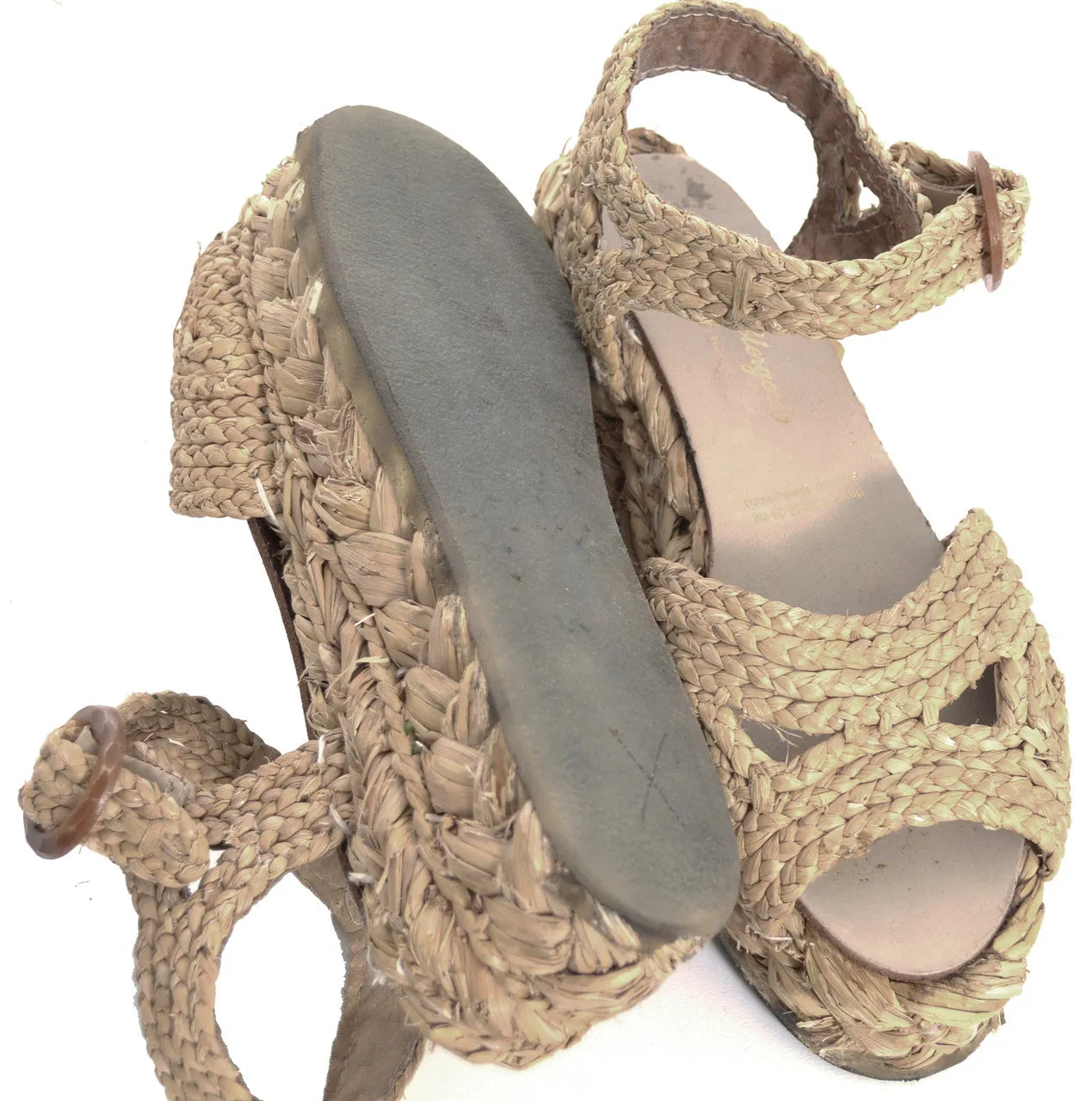 7.5 Robert Clergerie Natural Raffia Wedge Sandals Made in France