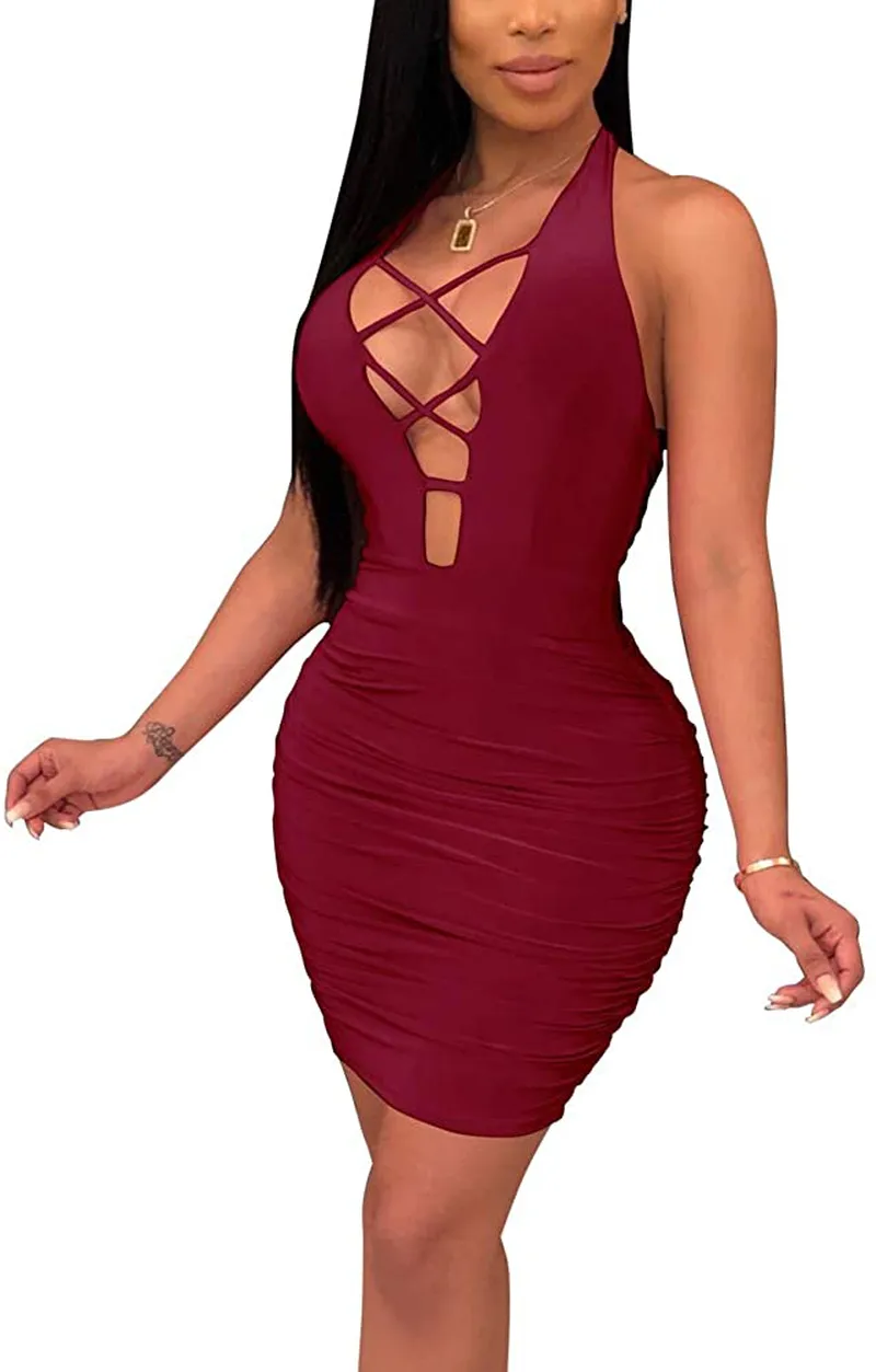 Antopmen Women Summer V Neck Sleeveless Front Lace Up Backless Ruched Bodycon Mini Club Dress