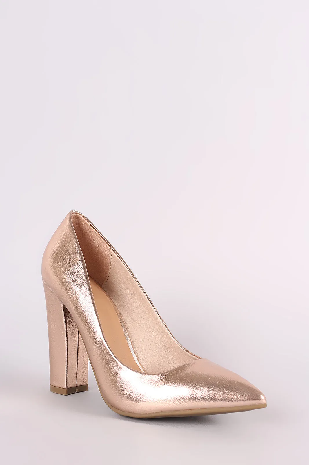 Bamboo Metallic Pointy Toe Chunky Heel Pump