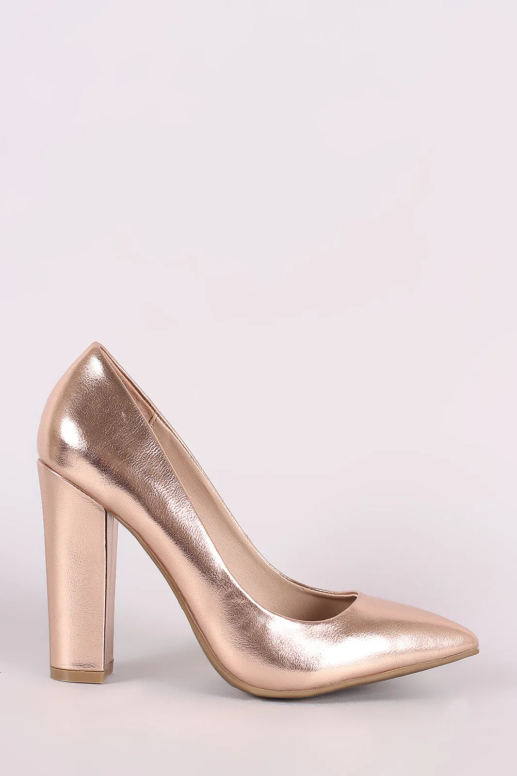 Bamboo Metallic Pointy Toe Chunky Heel Pump