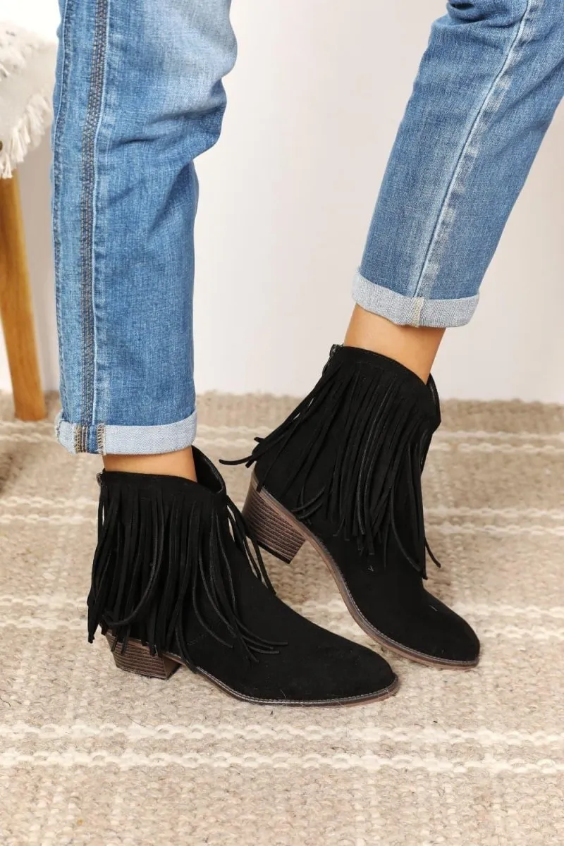 Black Fringy Cowgirl Western Ankle Boots