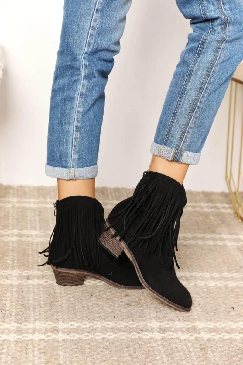 Black Fringy Cowgirl Western Ankle Boots