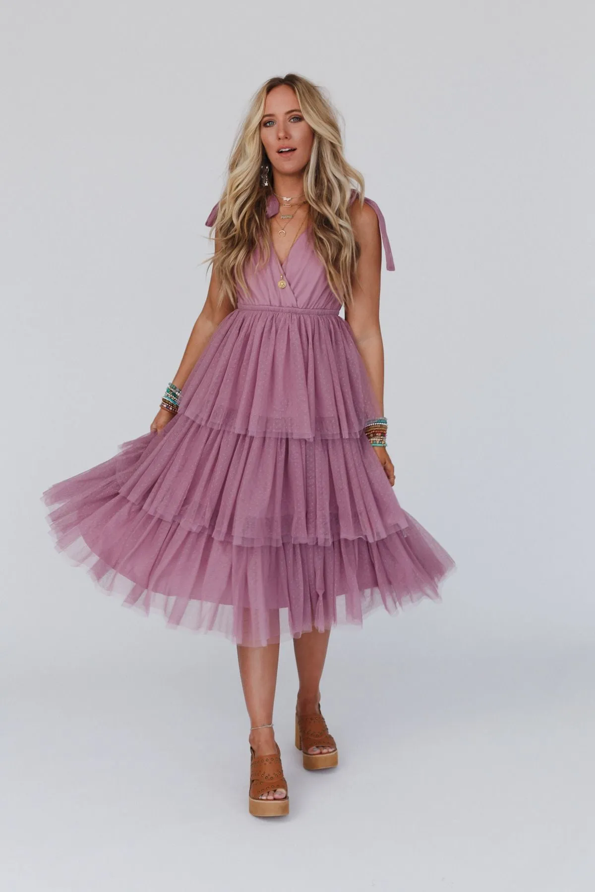 Boho Ballerina Tiered Tulle Dress - Mauve