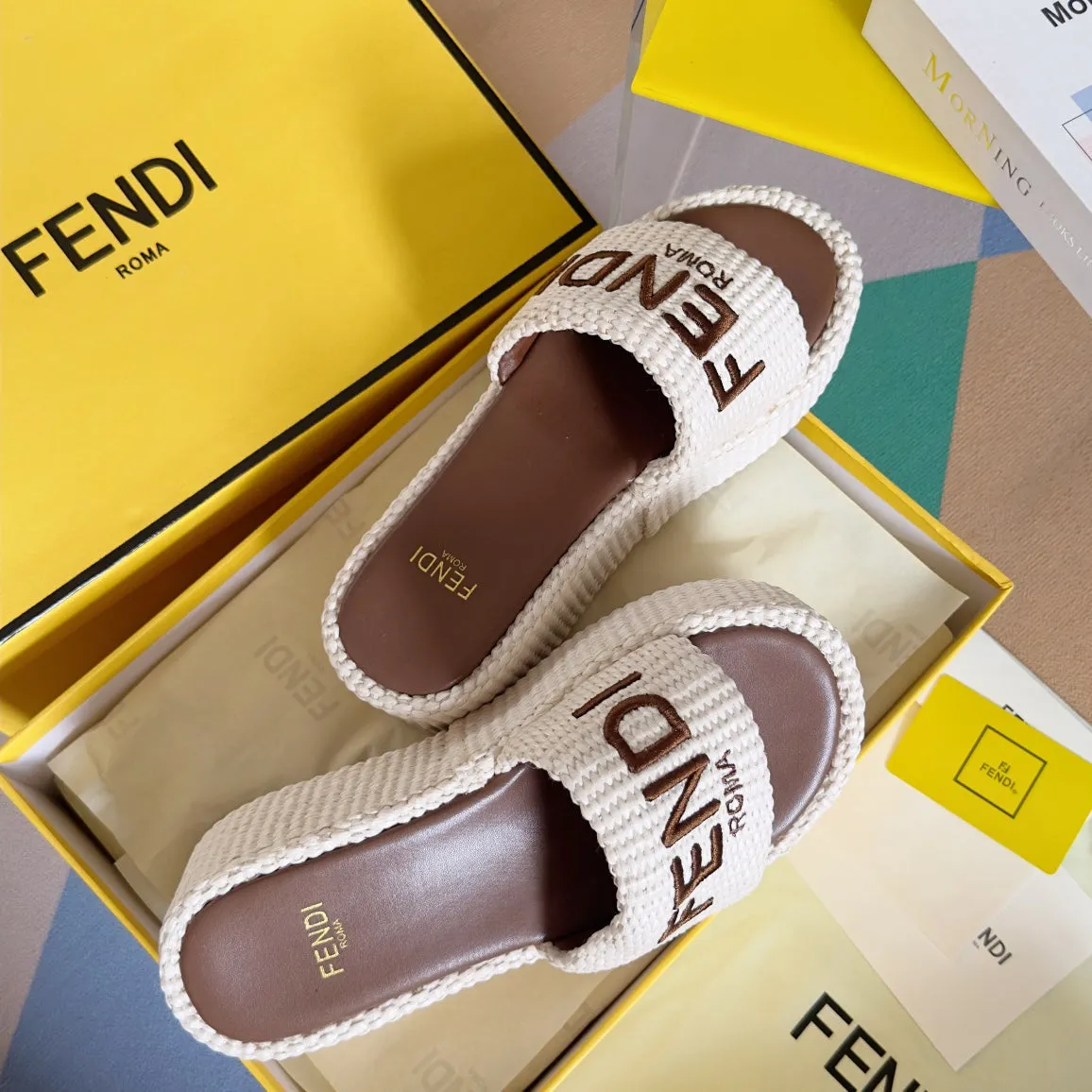 FF Sunshine 65 White Cotton Brown Leather Fibre Flatform Slide