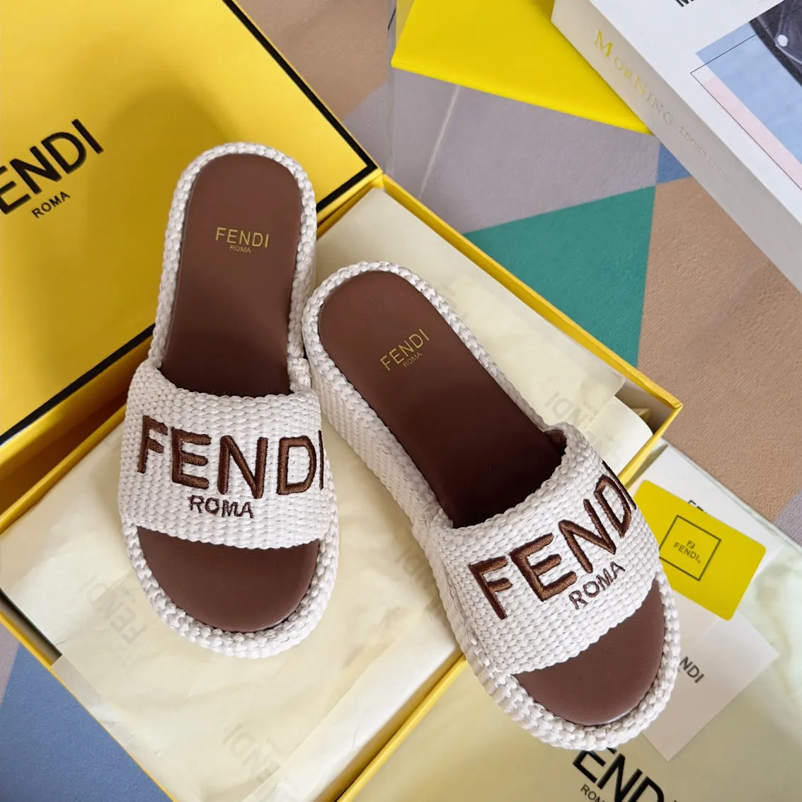 FF Sunshine 65 White Cotton Brown Leather Fibre Flatform Slide