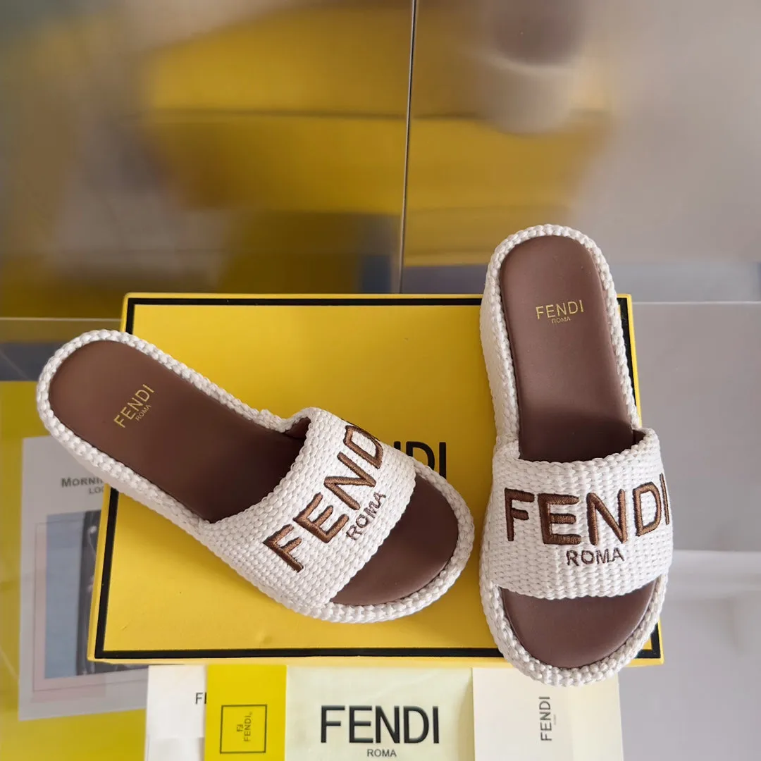 FF Sunshine 65 White Cotton Brown Leather Fibre Flatform Slide