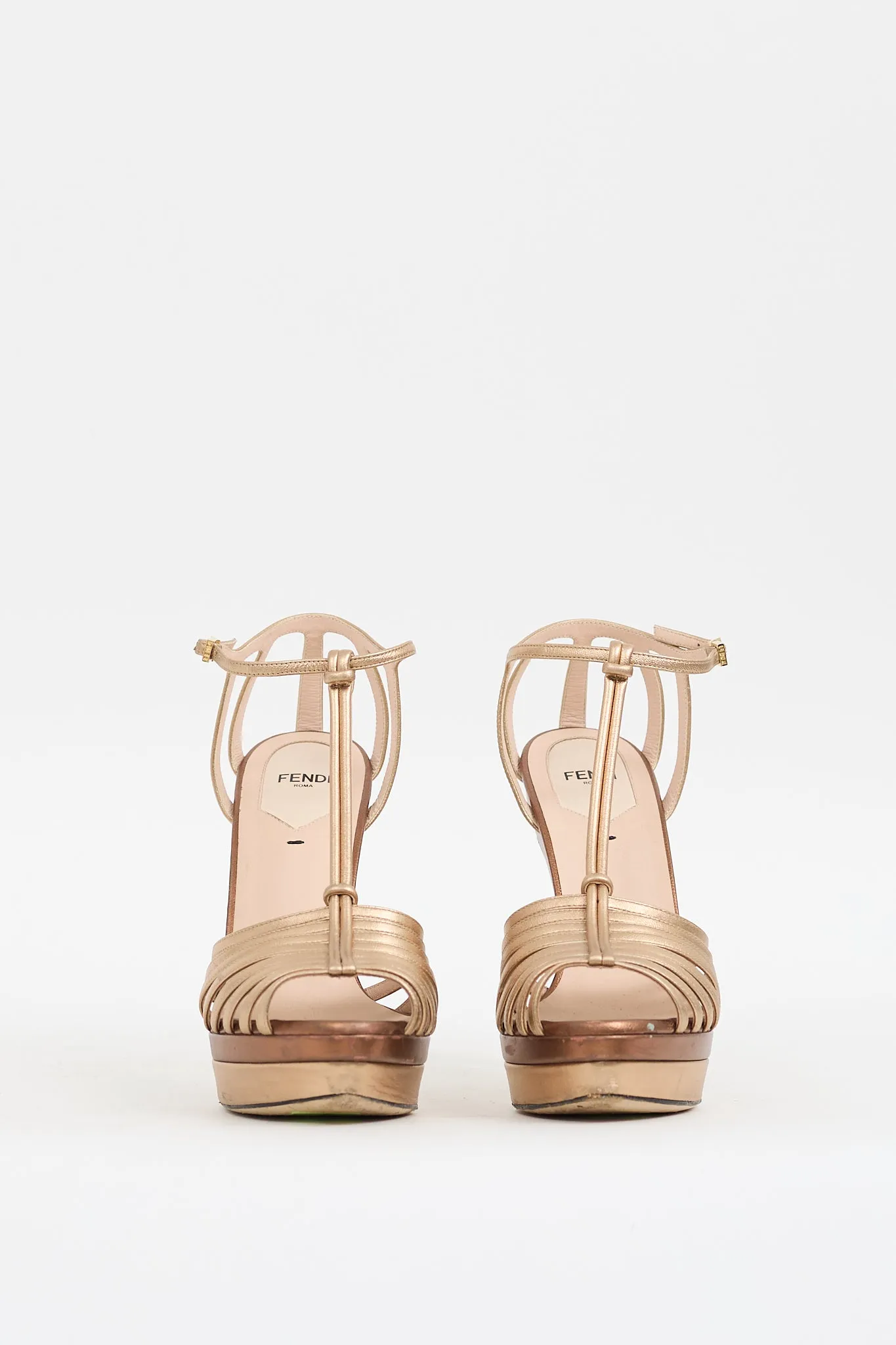 Gold & Brown Leather Strappy Platform Heel