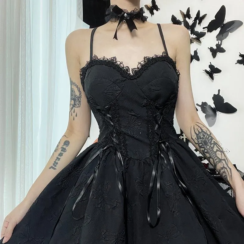 Goth Rose Dark Style Jacquard Backless Slip Dress