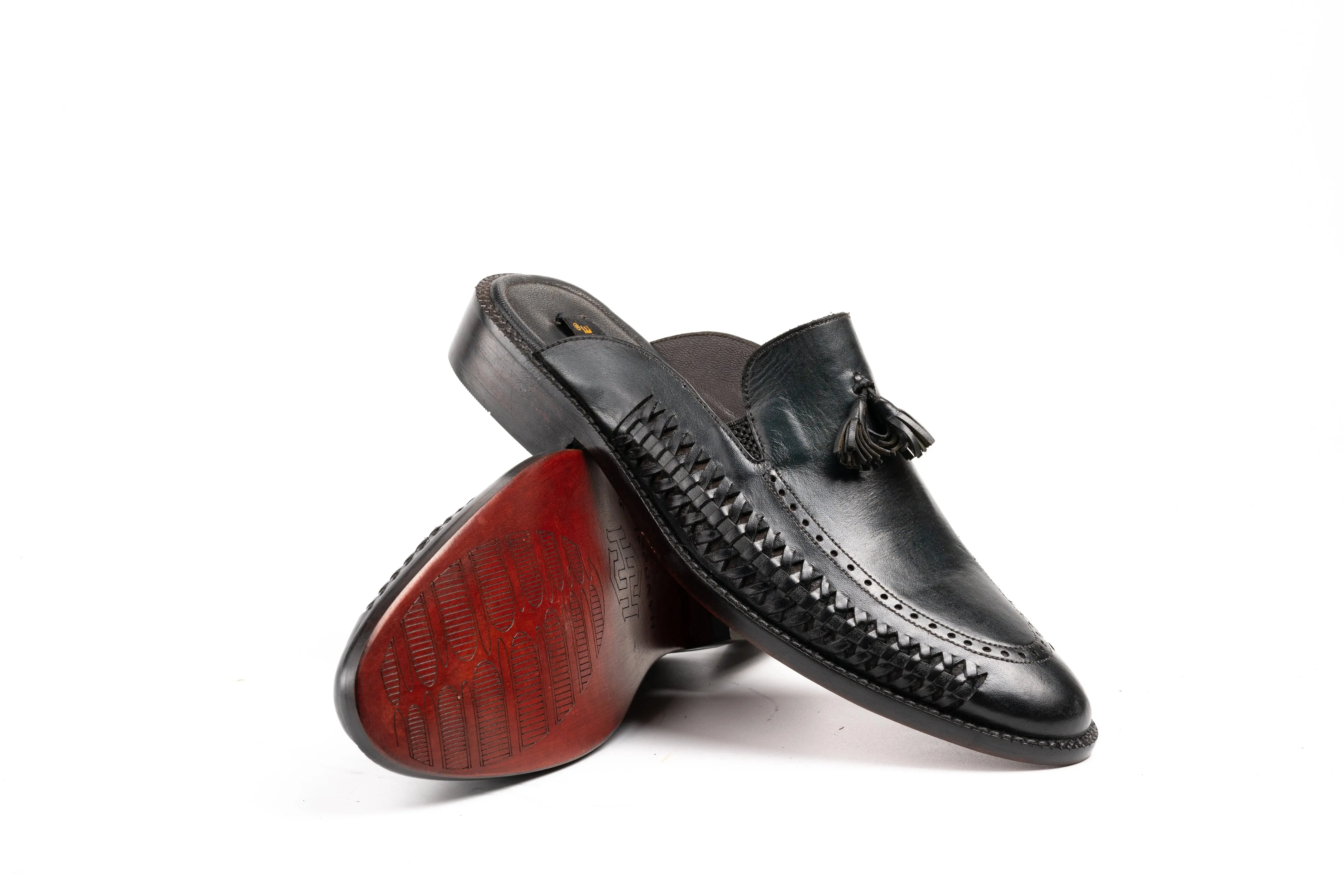 Hand Woven Handmade Men Real Leather Mule with tassels Made-To-Order Black, Blue, Red Color Premium Quality Leather Backless Mule Mens leather mule shoes