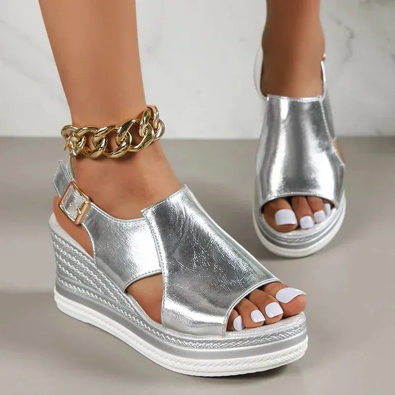 Pretty Peep Toe Wedge Ankle Buckle Sandal Shoes