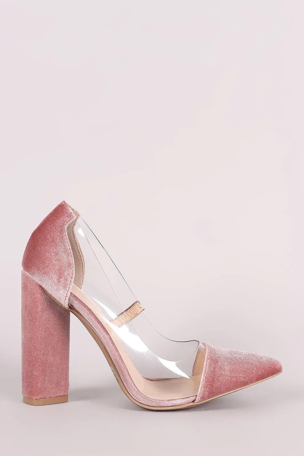 Qupid Crushed Velvet Clear Inset Chunky Heeled Pump