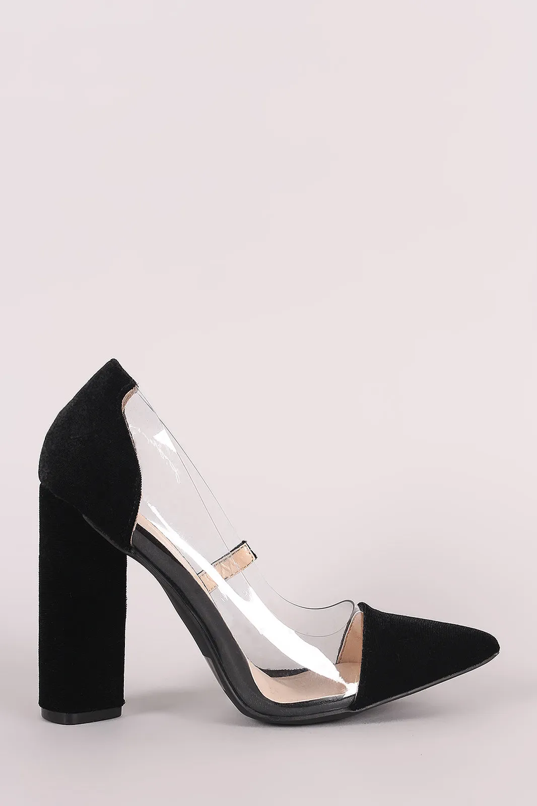 Qupid Crushed Velvet Clear Inset Chunky Heeled Pump