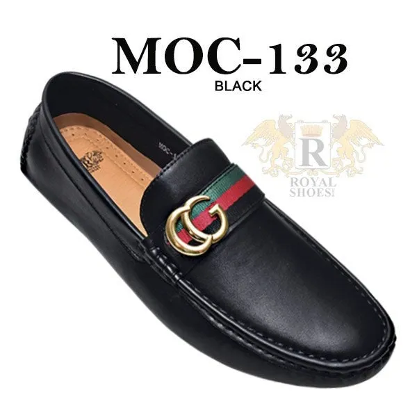 Royal shoes men's black loafer slip-on driver red and green strip with gold buckle