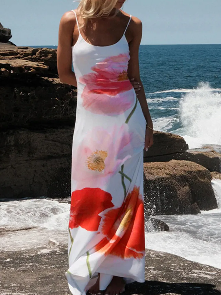 Uniwim Flowers Printing Strap Backless Beach Dress