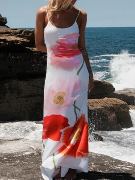 Uniwim Flowers Printing Strap Backless Beach Dress