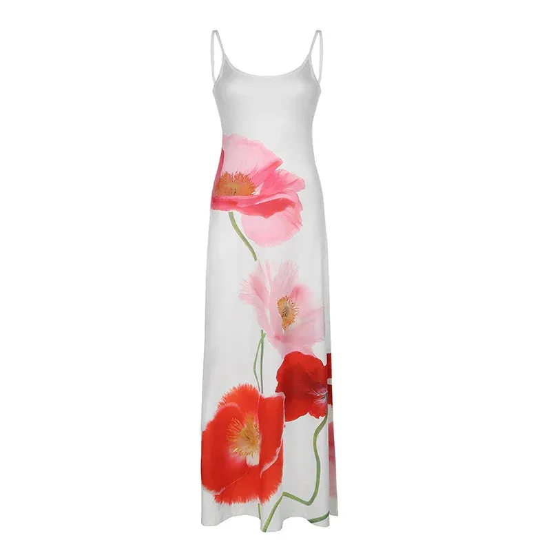 Uniwim Flowers Printing Strap Backless Beach Dress