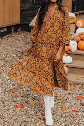 Western Geometric Orange Spice Tiered Midi Dress