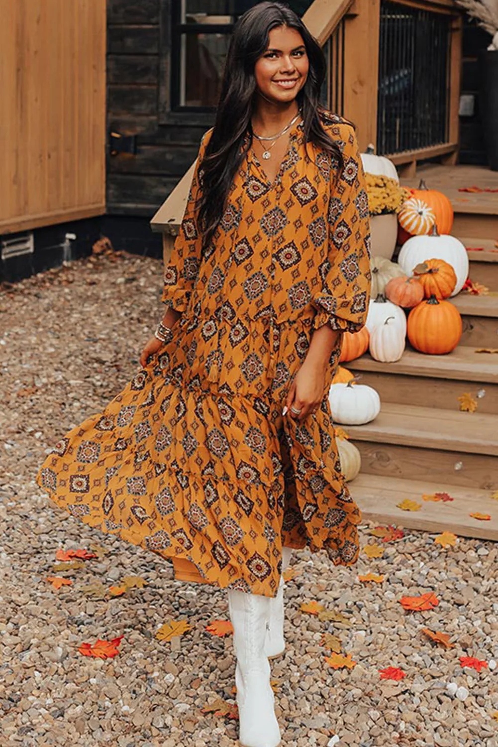 Western Geometric Orange Spice Tiered Midi Dress