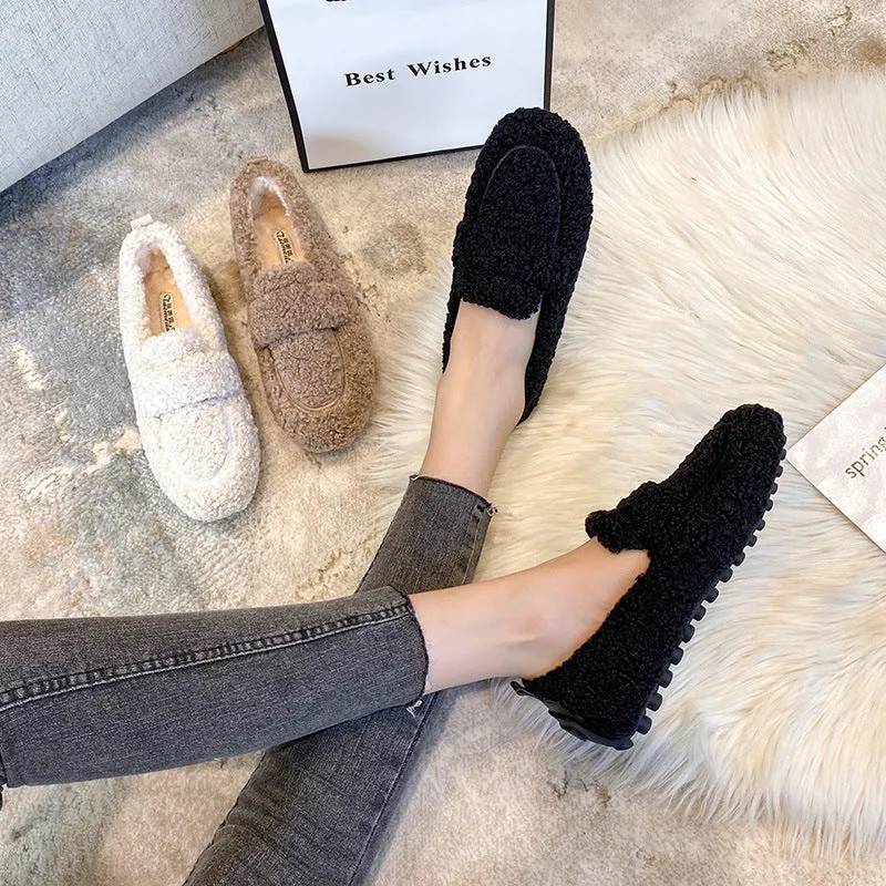 Women Cute Winter Warm Lamb Fur Flat Shoes Loafers