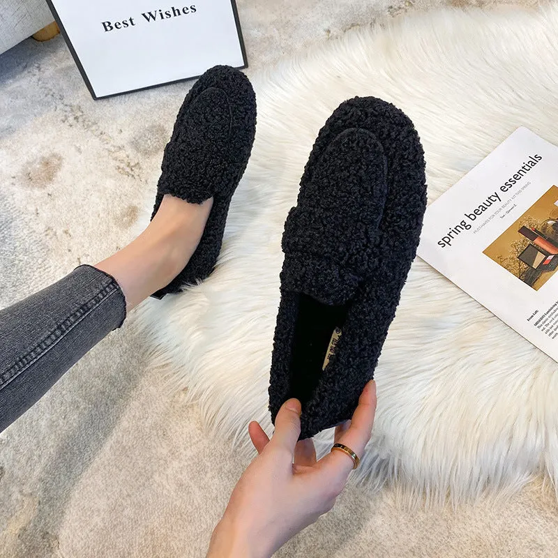 Women Cute Winter Warm Lamb Fur Flat Shoes Loafers