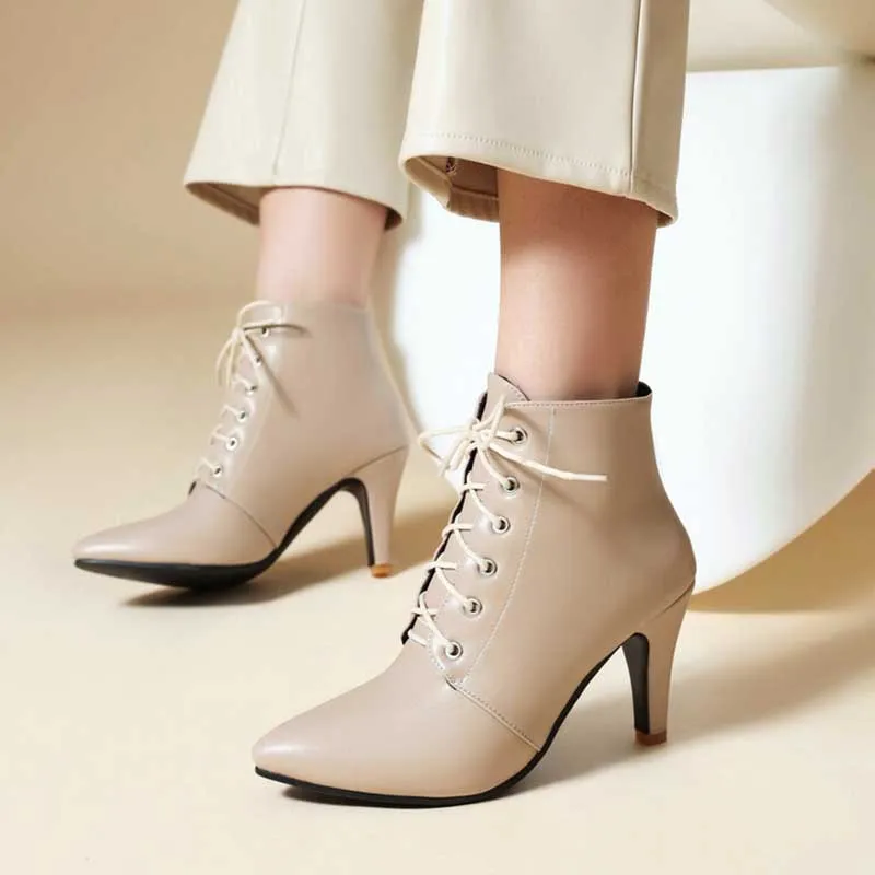 Women Lace-Up Faux Leather Low Heel Ankle Boots Dress Boots