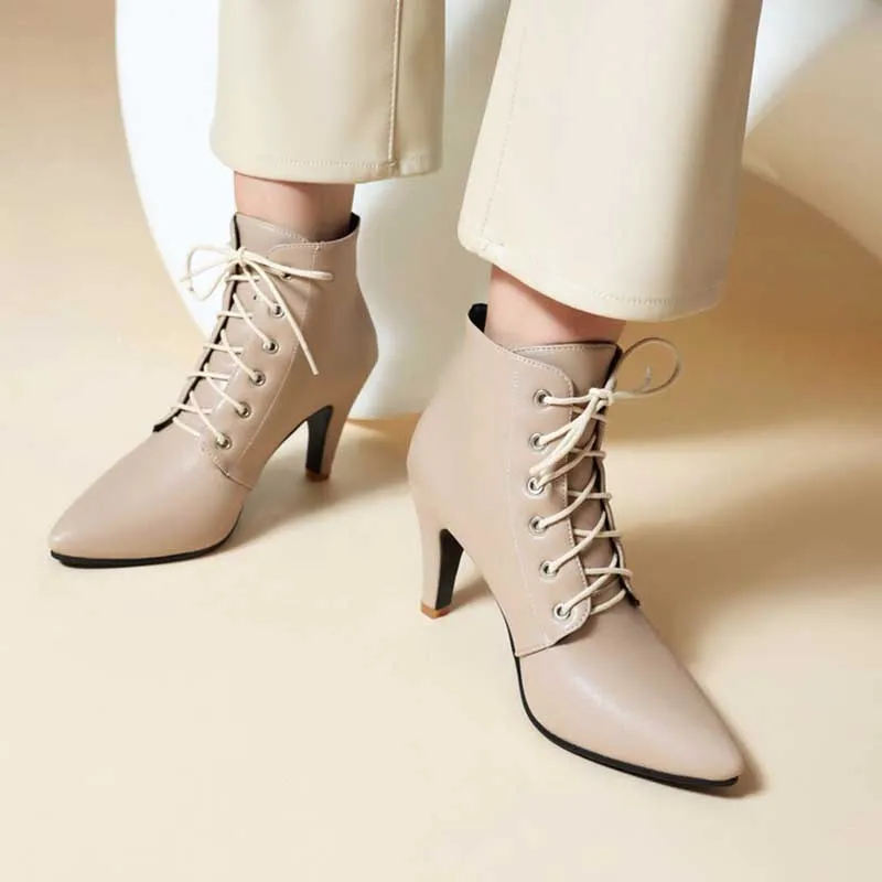 Women Lace-Up Faux Leather Low Heel Ankle Boots Dress Boots