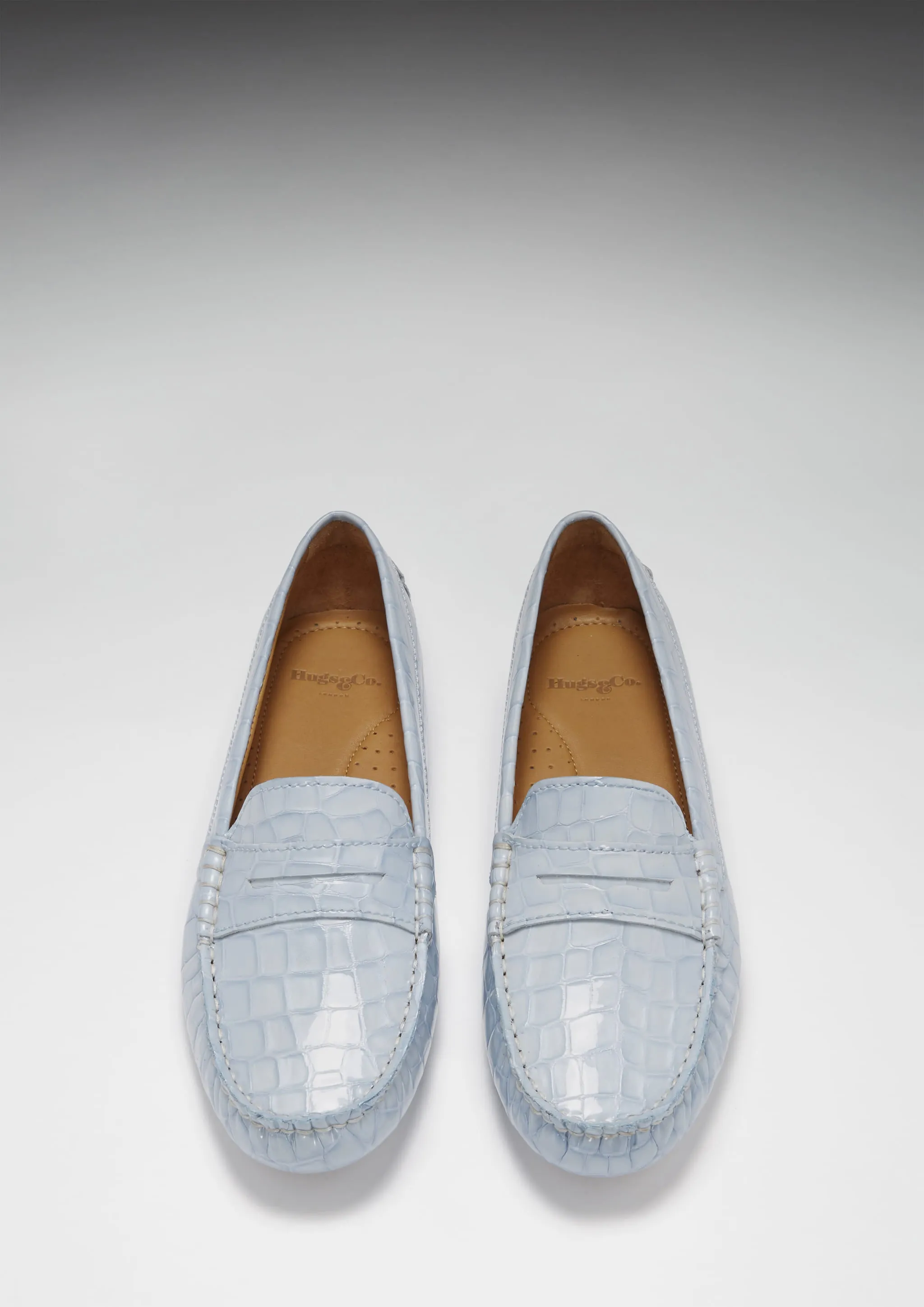 Women's Penny Driving Loafers, powder blue print patent leather