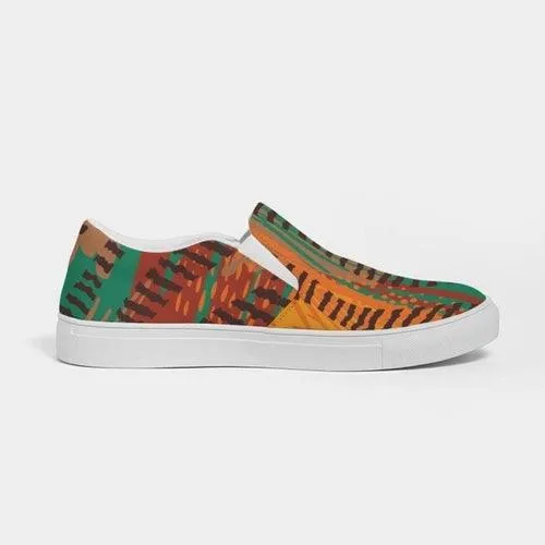 Womens Sneakers - Canvas Slip On Shoes, Brown And Green Print